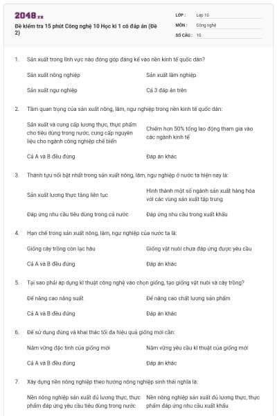 Đề kiểm tra 15 phút Công nghệ 10 Học kì 1 có đáp án (Đề 2)