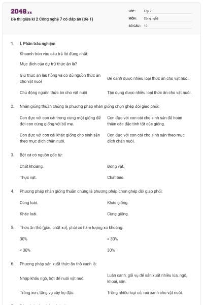 Đề thi giữa kì 2 Công nghệ 7 có đáp án (Đề 1)