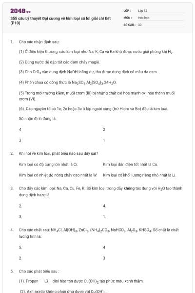 355 câu Lý thuyết Đại cương về kim loại có lời giải chi tiết (P10)