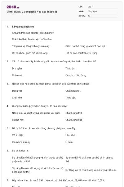 Đề thi giữa kì 2 Công nghệ 7 có đáp án (Đề 2)