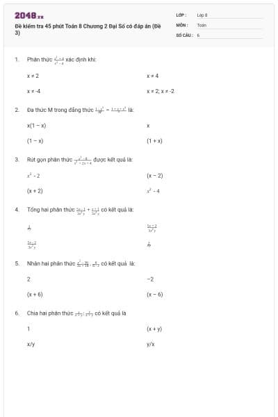 Đề kiểm tra 45 phút Toán 8 Chương 2 Đại Số có đáp án (Đề 3)