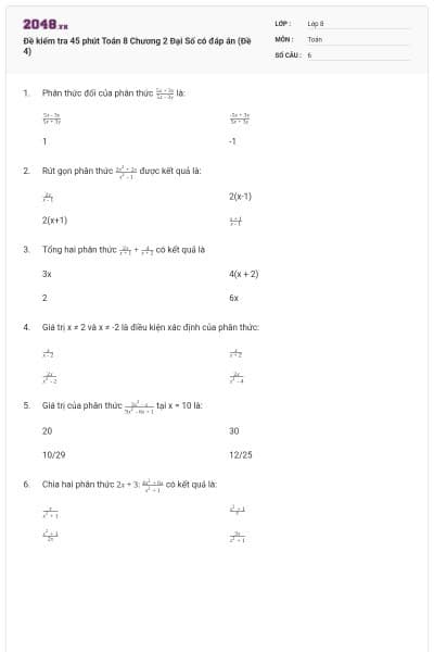 Đề kiểm tra 45 phút Toán 8 Chương 2 Đại Số có đáp án (Đề 4)
