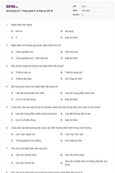 Đề thi giữa kì 1 Công nghệ 9 có đáp án (Đề 4)
