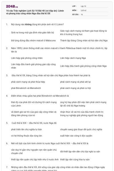 16 câu  Trắc nghiệm Lịch Sử 10 Bài 40 (có đáp án): Lênin và phong trào công nhân Nga đầu thế kỉ XX