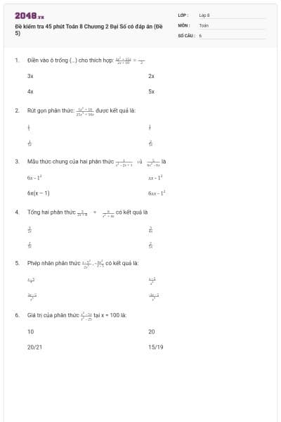 Đề kiểm tra 45 phút Toán 8 Chương 2 Đại Số có đáp án (Đề 5)