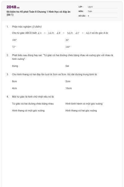 Đề kiểm tra 45 phút Toán 8 Chương 1 Hình Học có đáp án (Đề 1)