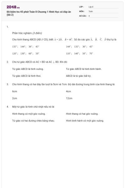 Đề kiểm tra 45 phút Toán 8 Chương 1 Hình Học có đáp án (Đề 2)