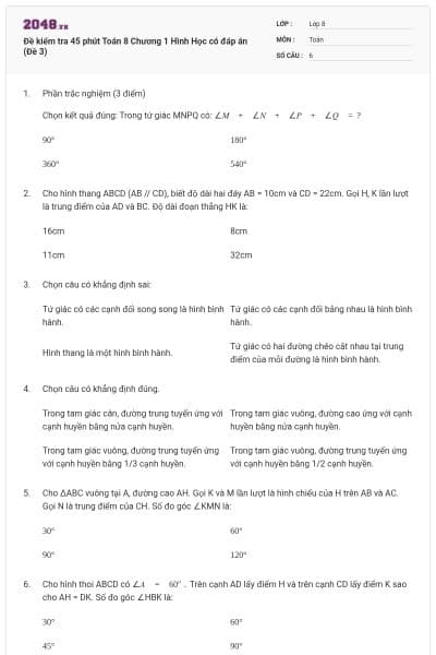 Đề kiểm tra 45 phút Toán 8 Chương 1 Hình Học có đáp án (Đề 3)