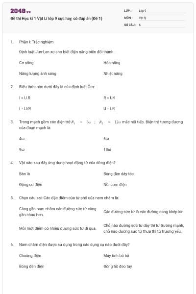 Đề thi Học kì 1 Vật Lí lớp 9 cực hay, có đáp án (Đề 1)
