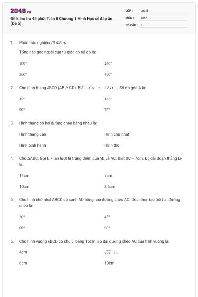 Đề kiểm tra 45 phút Toán 8 Chương 1 Hình Học có đáp án (Đề 5)