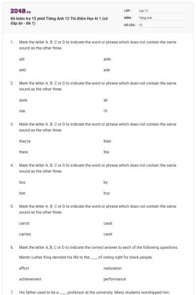Đề kiểm tra 15 phút Tiếng Anh 12 Thí điểm Học kì 1 (có đáp án - Đề 1)
