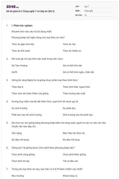 Đề thi giữa kì 2 Công nghệ 7 có đáp án (Đề 3)