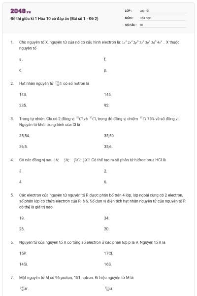 Đề thi giữa kì 1 Hóa 10 có đáp án (Bài số 1 - Đề 2)
