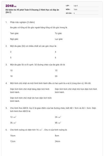 Đề kiểm tra 45 phút Toán 8 Chương 2 Hình Học có đáp án (Đề 2)