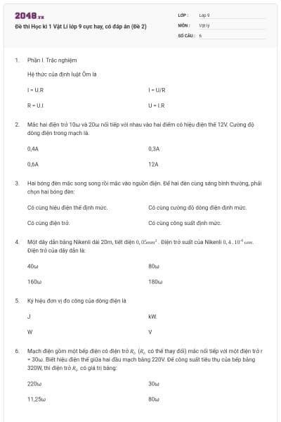 Đề thi Học kì 1 Vật Lí lớp 9 cực hay, có đáp án (Đề 2)