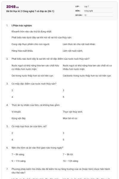 Đề thi Học kì 2 Công nghệ 7 có đáp án (Đề 1)