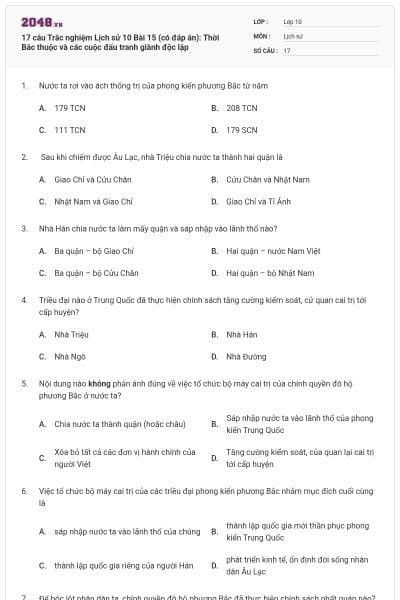 17 câu Trắc nghiệm Lịch sử 10 Bài 15 (có đáp án): Thời Bắc thuộc và các cuộc đấu tranh giành độc lập