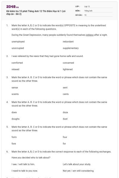 Đề kiểm tra 15 phút Tiếng Anh 12 Thí điểm Học kì 1 (có đáp án - Đề 2)