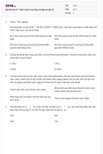 Đề thi Học kì 1 Vật Lí lớp 9 cực hay, có đáp án (Đề 3)
