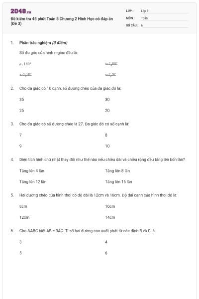 Đề kiểm tra 45 phút Toán 8 Chương 2 Hình Học có đáp án (Đề 3)