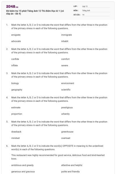 Đề kiểm tra 15 phút Tiếng Anh 12 Thí điểm Học kì 1 (có đáp án - Đề 4)