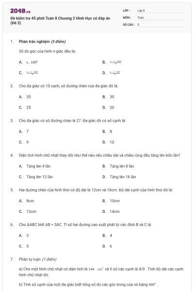Đề kiểm tra 45 phút Toán 8 Chương 2 Hình Học có đáp án (Đề 3)