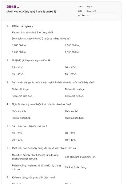 Đề thi Học kì 2 Công nghệ 7 có đáp án (Đề 3)