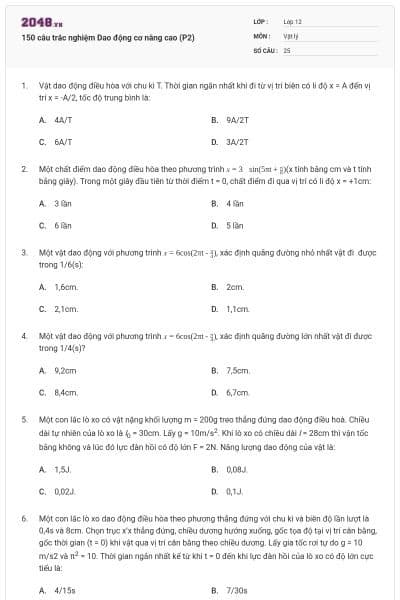 150 câu trắc nghiệm Dao động cơ nâng cao (P2)