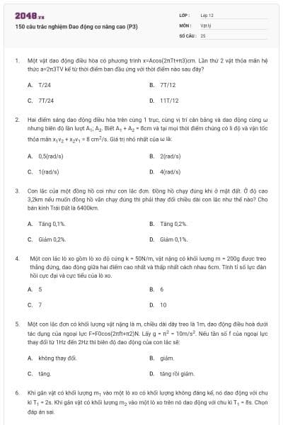150 câu trắc nghiệm Dao động cơ nâng cao (P3)