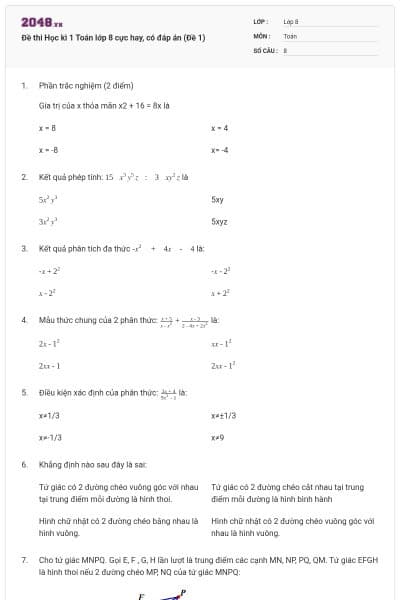 Đề thi Học kì 1 Toán lớp 8 cực hay, có đáp án (Đề 1)
