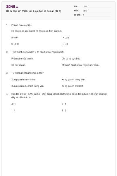 Đề thi Học kì 1 Vật Lí lớp 9 cực hay, có đáp án (Đề 4)
