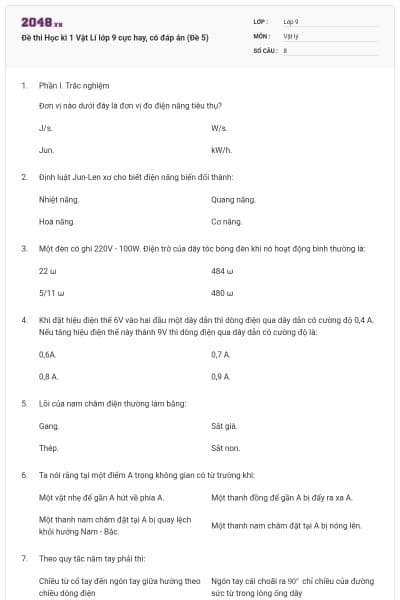 Đề thi Học kì 1 Vật Lí lớp 9 cực hay, có đáp án (Đề 5)