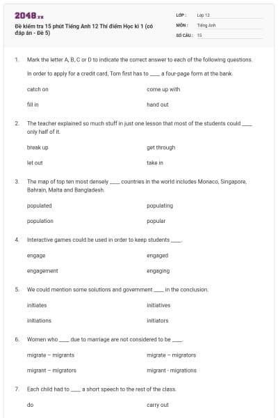 Đề kiểm tra 15 phút Tiếng Anh 12 Thí điểm Học kì 1 (có đáp án - Đề 5)