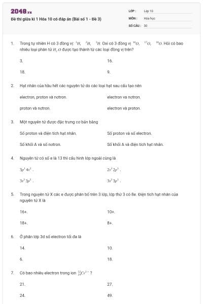 Đề thi giữa kì 1 Hóa 10 có đáp án (Bài số 1 - Đề 3)