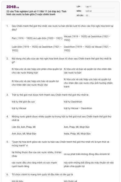 22 câu  Trắc nghiệm Lịch sử 11 Bài 11 (có đáp án): Tình hình các nước tư bản giữa 2 cuộc chiến tranh