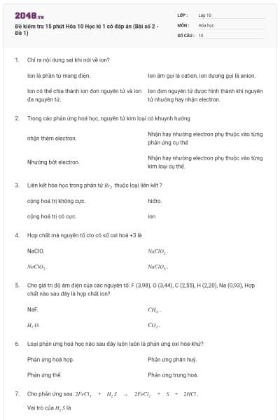 Đề kiểm tra 15 phút Hóa 10 Học kì 1 có đáp án (Bài số 2 - Đề 1)