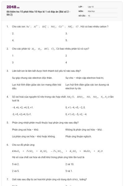 Đề kiểm tra 15 phút Hóa 10 Học kì 1 có đáp án (Bài số 2 - Đề 2)