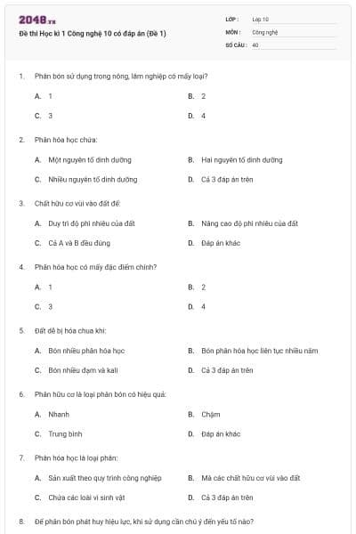 Đề thi Học kì 1 Công nghệ 10 có đáp án (Đề 1)