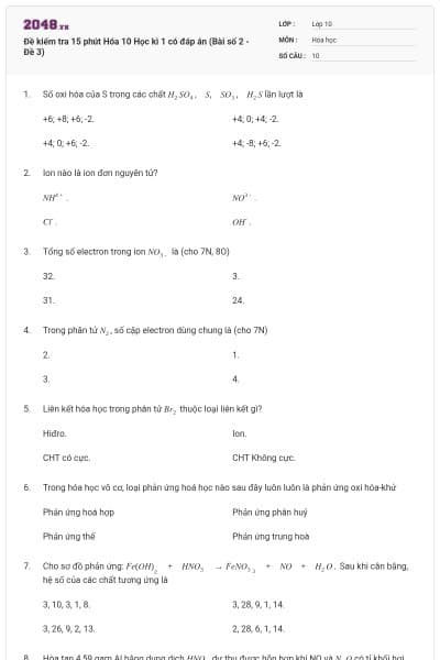 Đề kiểm tra 15 phút Hóa 10 Học kì 1 có đáp án (Bài số 2 - Đề 3)