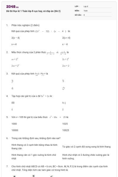 Đề thi Học kì 1 Toán lớp 8 cực hay, có đáp án (Đề 2)