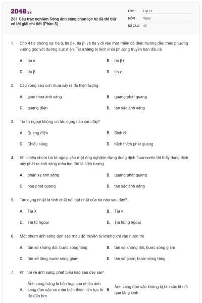 281 Câu trắc nghiệm Sóng ánh sáng chọn lọc từ đề thi thử có lời giải chi tiết (Phần 3)