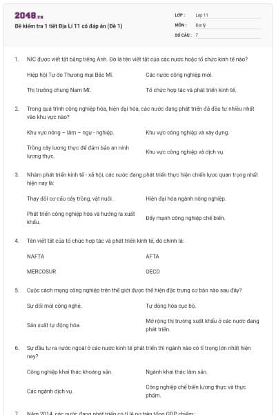 Đề kiểm tra 1 tiết Địa Lí 11 có đáp án (Đề 1)