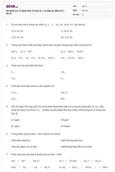 Đề kiểm tra 15 phút Hóa 10 Học kì 1 có đáp án (Bài số 2 - Đề 4)