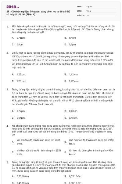 281 Câu trắc nghiệm Sóng ánh sáng chọn lọc từ đề thi thử có lời giải chi tiết (Phần 4)