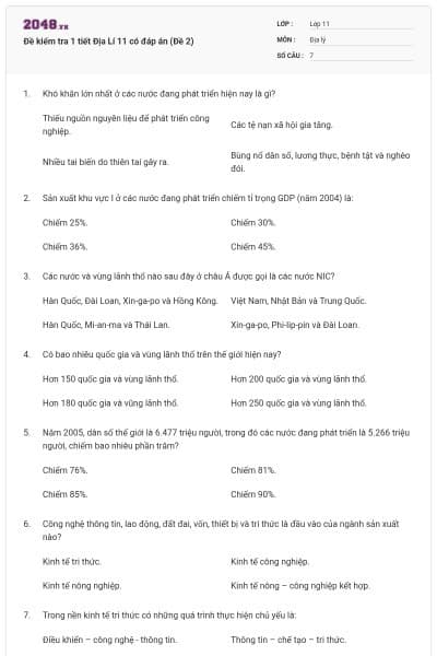 Đề kiểm tra 1 tiết Địa Lí 11 có đáp án (Đề 2)