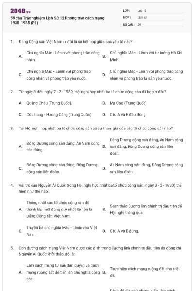 59 câu Trắc nghiệm Lịch Sử 12 Phong trào cách mạng 1930-1935 (P1)