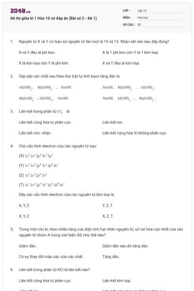 Đề thi giữa kì 1 Hóa 10 có đáp án (Bài số 2 - Đề 1)