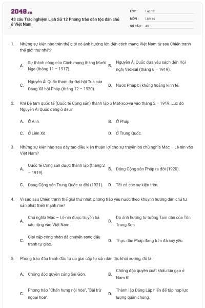 43 câu Trắc nghiệm Lịch Sử 12 Phong trào dân tộc dân chủ ở Việt Nam