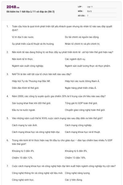 Đề kiểm tra 1 tiết Địa Lí 11 có đáp án (Đề 3)