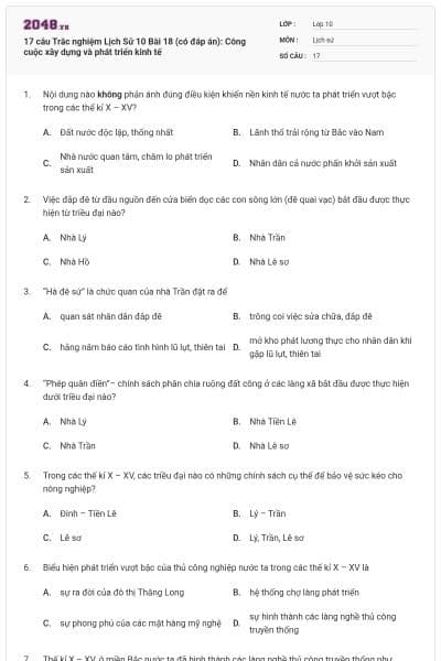 17 câu Trắc nghiệm Lịch Sử 10 Bài 18 (có đáp án): Công cuộc xây dựng và phát triển kinh tế
